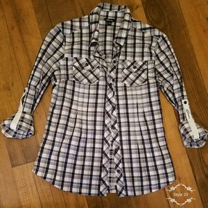 Guess Blue and White Flannel Button up